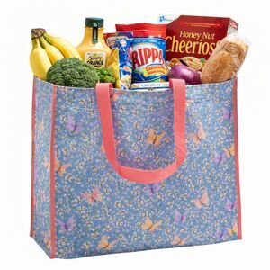 Reusable Grocery Tote Bag Blue Butterfly Floral Shopping Beach Storage